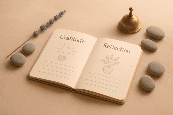 Wellness journal open to a gratitude and reflection spread, with stones, lavender, and meditation bell.