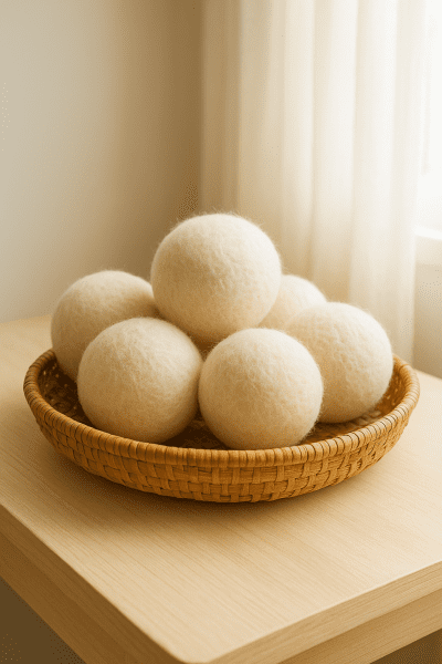 Close-up of fluffy, natural wool dryer balls in a rattan tray on a birch table, highlighted by soft sunlight.