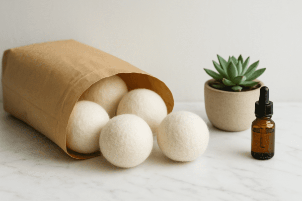 Wool dryer balls spilling from a biodegradable pouch on marble, with a succulent and lavender oil bottle beside.