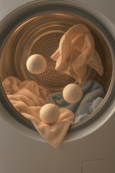Wool dryer balls bouncing inside a modern dryer drum with pastel towels and light clothing.