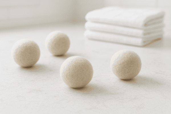 Wool dryer balls on a white laundry surface with pet hair, with a pile of freshly folded, lint-free laundry behind.