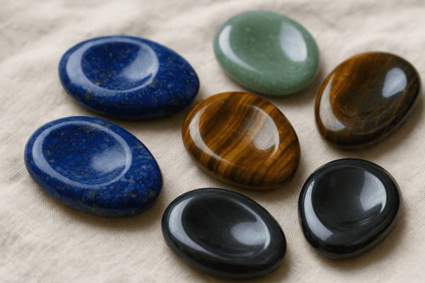 A selection of polished lapis lazuli, tiger\u2019s eye, aventurine, and hematite worry stones with thumb grooves, arranged on a cotton cloth.