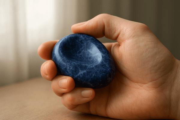 A hand cradles a blue sodalite worry stone, thumb resting in the groove, with a softly blurred neutral backdrop.