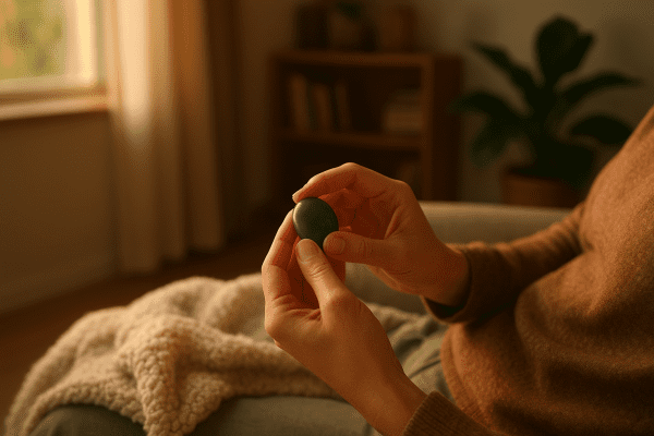 A person reclines in an armchair, soothingly rubbing a green aventurine worry stone in a sunlit, cozy room.