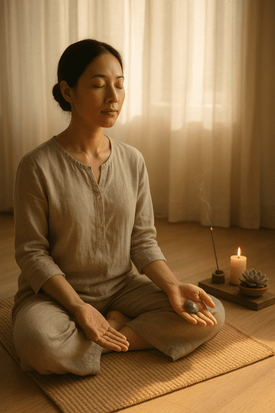 A person meditates on a mat, holding an amethyst worry stone, with soft sunlight and a tranquil altar in the background.