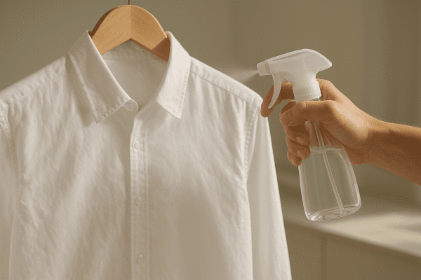 Macro image of a gentle hand spraying mist onto a cotton shirt, highlighting the transition from wrinkled to smooth.
