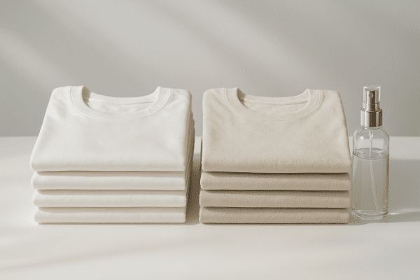 Sprayed and untreated stacks of cotton shirts, with the treated stack brighter and smoother.