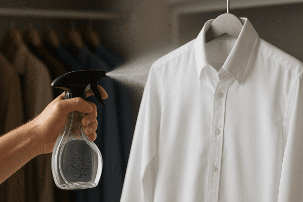 Ergonomic spray bottle creating a wide mist over a hanging shirt, demonstrating even coverage.