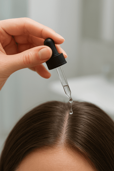 Macro shot of a dropper dispensing 5 minoxidil solution onto a clean, parted scalp in a modern bathroom.