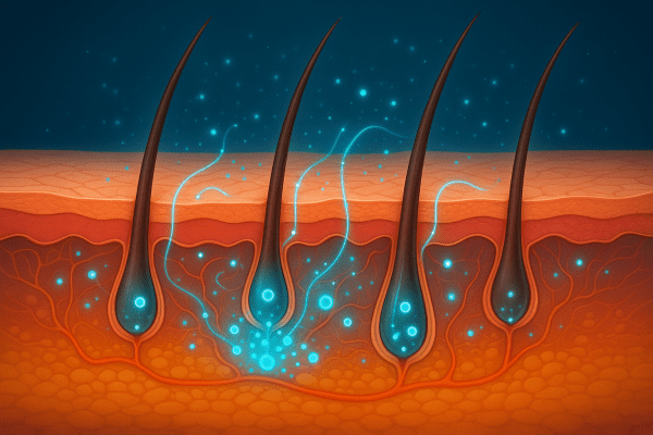 Scientific illustration of 5 minoxidil molecules activating hair follicles at the scalp.