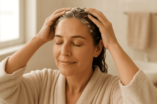 Adult gently massages soothing lotion into scalp in a bright, calm bathroom.