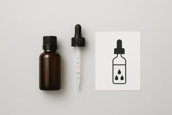 Flat lay of 5 minoxidil bottle, dropper, and visual dosing guide on grey surface.