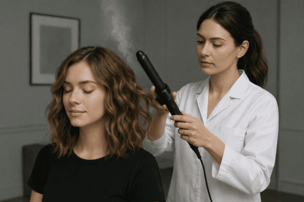 A stylist uses both large and small barrel curling irons to create textured beach waves on a model in a modern, gray-toned salon.