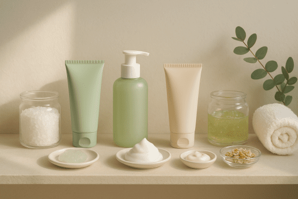 Spa-inspired bathroom shelf with diverse acne face washes, ingredient jars, and soft sunlight.