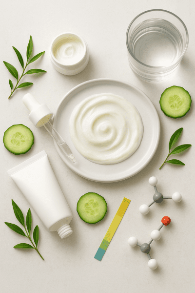 Flat lay of creamy acne cleanser, natural extracts, pH strip, and serum pipette on a porcelain plate.