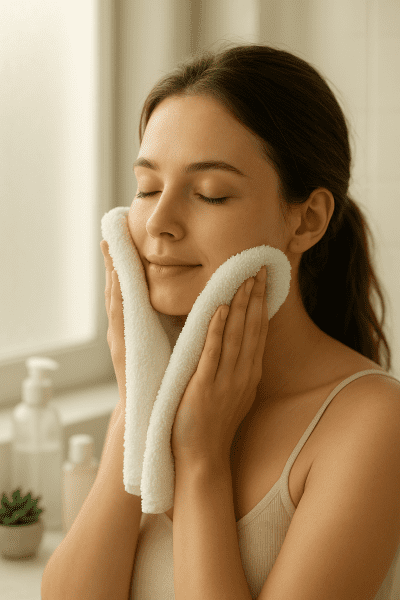 Young woman patting her face dry with a plush towel in a softly backlit, peaceful bathroom.