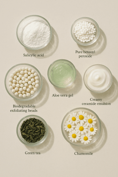 Flat lay of clear glass bowls with varied acne wash ingredients, including powders, gels, and botanicals, on a pale stone surface.