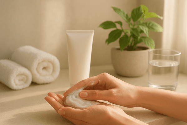 Hands gently massaging a creamy acne cleanser on a tranquil bathroom vanity with towels, plant, and water glass.