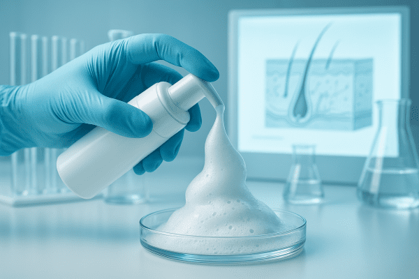 Gloved hand dispensing foamy acne wash into a petri dish in a blue-toned, high-tech laboratory.