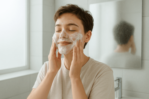 Young adult with clear skin lathering acne wash in a fresh, bright bathroom with frosted glass and chrome details.