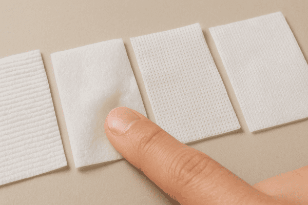 Assorted alcohol wipes with varying textures, one being gently pressed by a fingertip on a neutral table, illustrating skin compatibility.