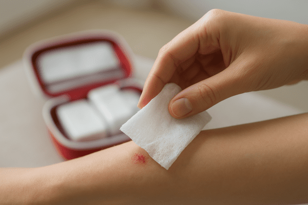 Close-up of a moist alcohol wipe gently cleaning a scrape on a forearm, with a softly blurred first aid kit in the background.