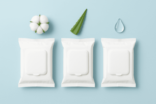 Flat lay of alcohol wipes organized for sensitive skin, hypoallergenic, and fragrance-free use, with cotton, aloe, and glass drop as indicators.