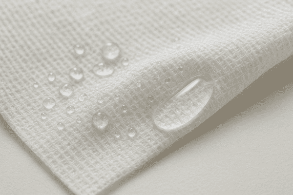 Extreme macro of antiseptic wipes showing liquid sheen and textile weave on a plain surface.