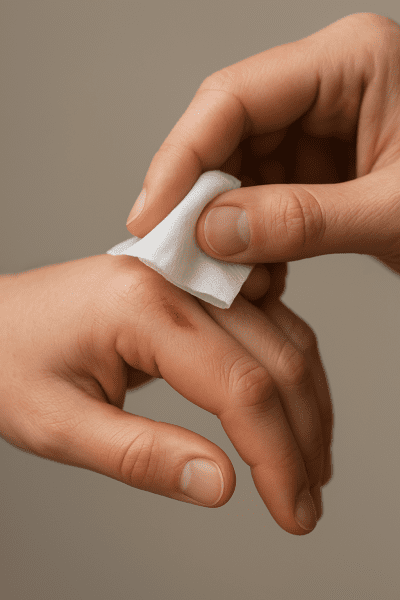 Close-up of hands carefully cleaning a minor scrape with an antiseptic wipe.