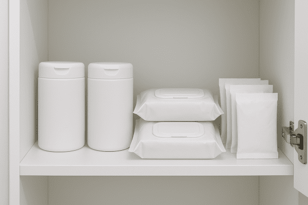 Various unbranded antiseptic wipe packages organized inside a clean, open cabinet.
