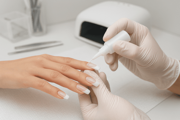 A gloved technician precisely applies acrylic tips and glue, blending them smoothly onto natural nails in a pristine salon.
