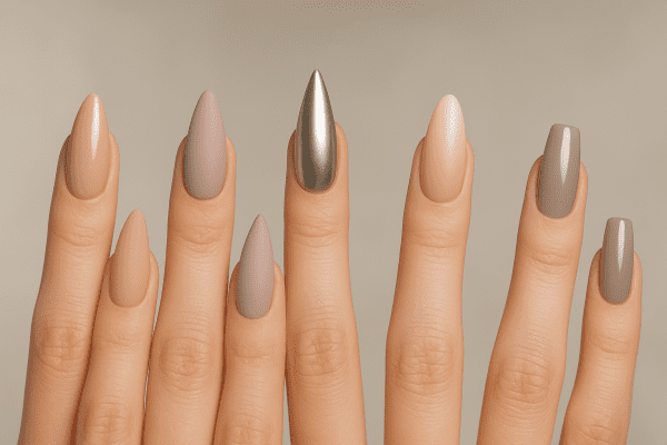 Several hands with artificial nails of different shapes and finishes, posed elegantly on a soft, neutral background.