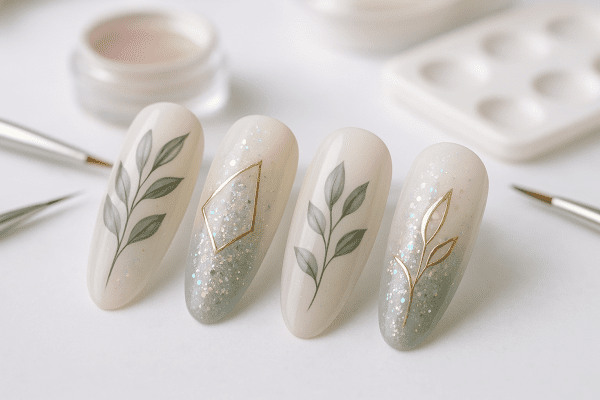 Macro shot of artificial nails with intricate gel nail art, including florals, metallic lines, and shimmering accents, in a well-lit studio.