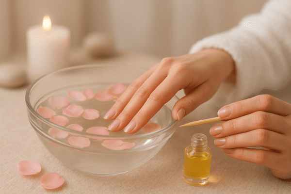 Hands soak in a bowl with flower petals and oils, followed by gentle cuticle care in a spa-like, serene setting.