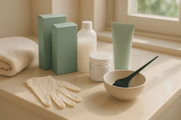 A spa-like bathroom counter with neatly arranged gentle hair dye kits, developer, bleach, conditioner, gloves, bowl, and brush under natural light.