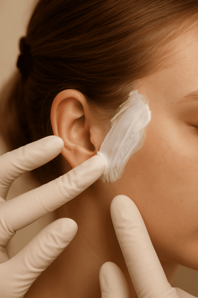 Close-up of gloved fingers applying a thick barrier cream to the hairline and ear with hair clipped away, background softly blurred.