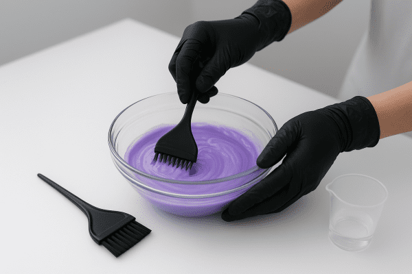 Gloved hands mixing bleach powder and developer in a glass bowl, with brush and cup arranged on a clean vanity.