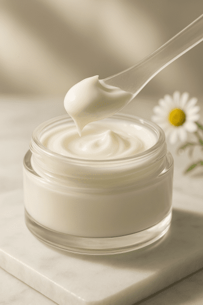 A close-up of Vitamin B5 cream being gently lifted by a translucent spatula from an open glass jar on white marble, with chamomile and water droplet in the blurred background.