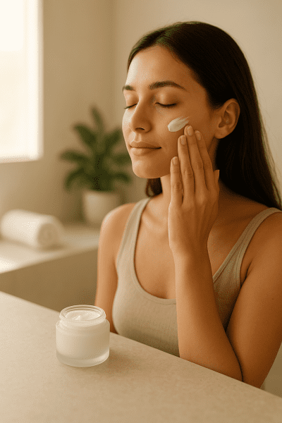 Woman in a minimalist bathroom applying B5 cream to her cheek, with a frosted jar, rolled towel, and green plant softly blurred in the background.