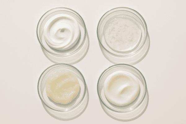 Top-down view of four glass dishes with B5 cream, gel, ointment, and emollient, all on a pale, spotless background.