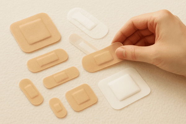 Selection of fabric and waterproof bandages on a soft surface, hand choosing one for a small cut.