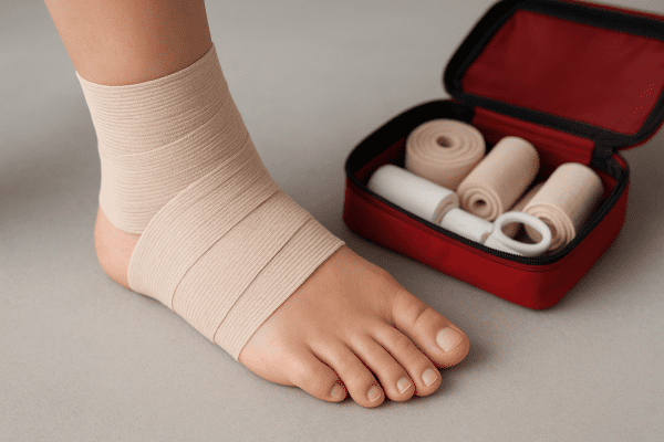 Ankle with slight swelling, wrapped in a compression bandage, first aid kit open nearby.
