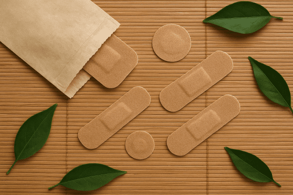 Biodegradable bandages arranged on bamboo with green leaves and compostable packaging.