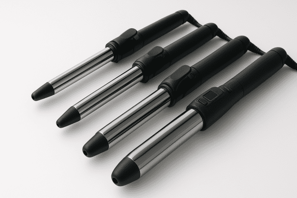 Gradient lineup of curling irons from smallest to largest barrel on a seamless white acrylic surface, largest in front.