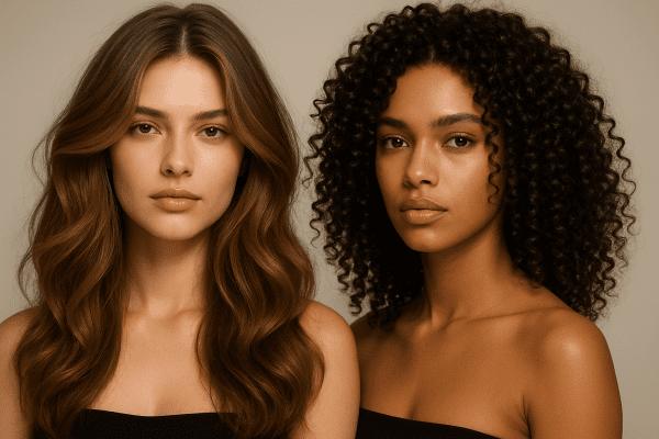 Side-by-side portraits: one model with loose waves, one with tight curls, styled to highlight curl type difference.