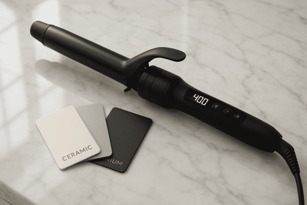 Large barrel curling iron with ceramic, titanium, and tourmaline swatches fanned out on a marble vanity.