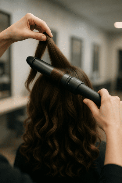 Professional stylist using a large barrel curling iron at the roots of thick hair in a contemporary salon.