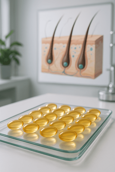 Glossy biotin capsules on a glass tray, with a background of detailed hair follicle and growth factor illustration.