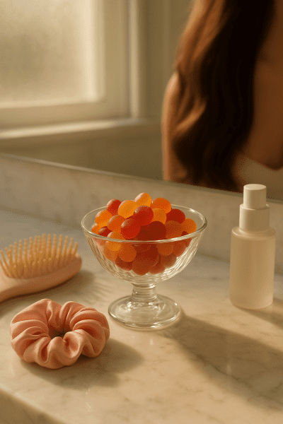 Biotin gummies in a glass bowl with hair care tools on a marble bathroom counter, glossy hair reflected in background.