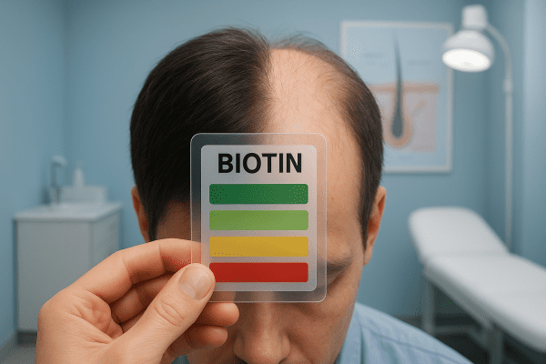 Split-view of healthy vs thinning scalp, with a hand holding a dosage chart in a dermatologist's office.